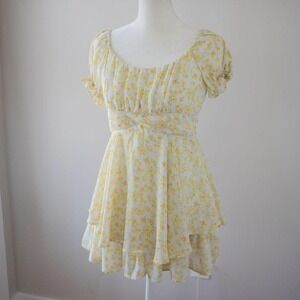 Cottage summer yellow floral coquette girlhood milkmaid ruffle mini dress romper